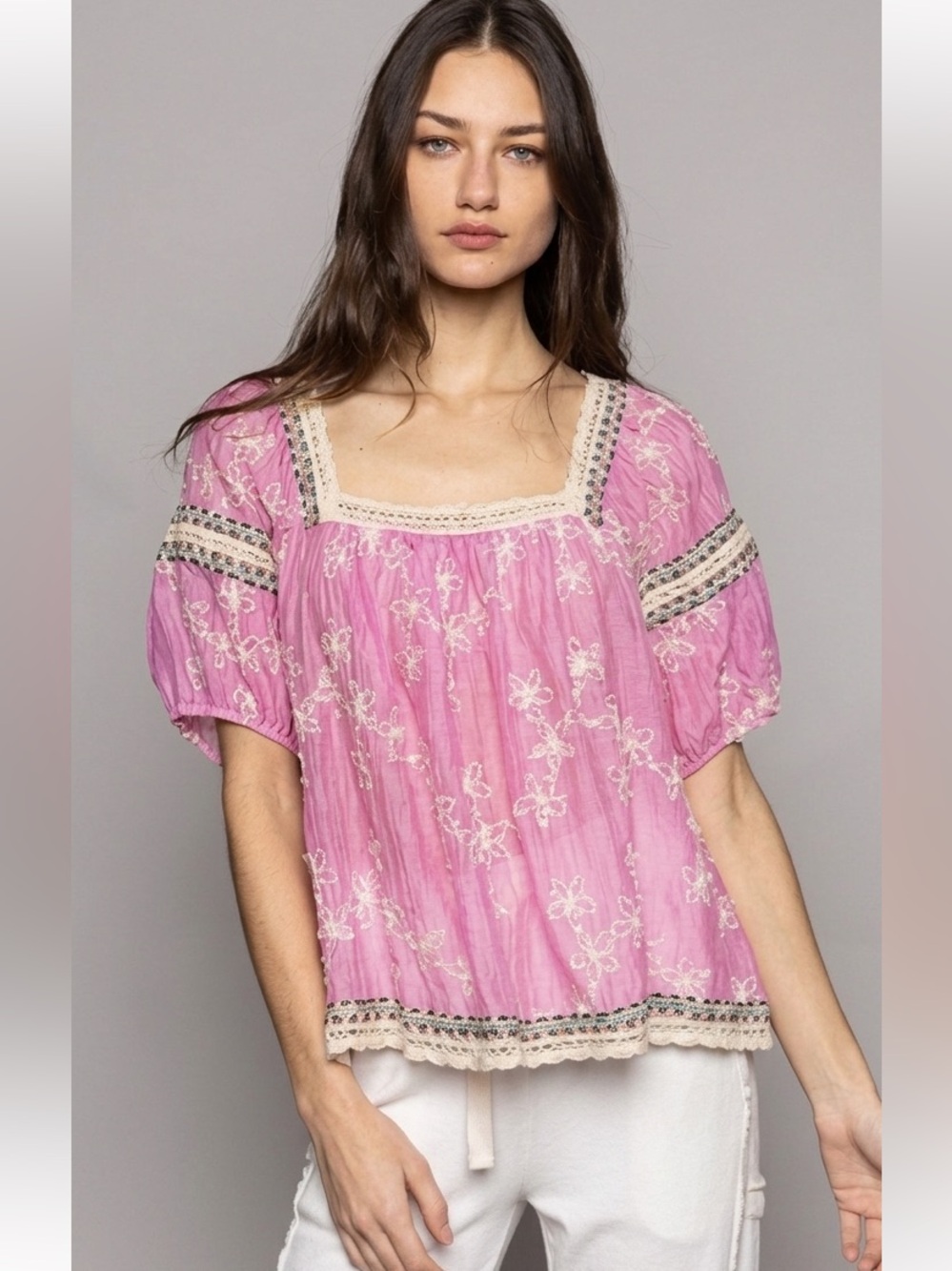 POL Pink Floral Embroidered Square Neck Chiffon Top Oversized Size Médium